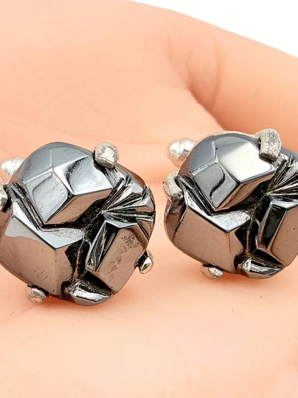 Swank Signed MCM Gray Glass Abstract Geometric Silver Plate Brutalist Cufflinks